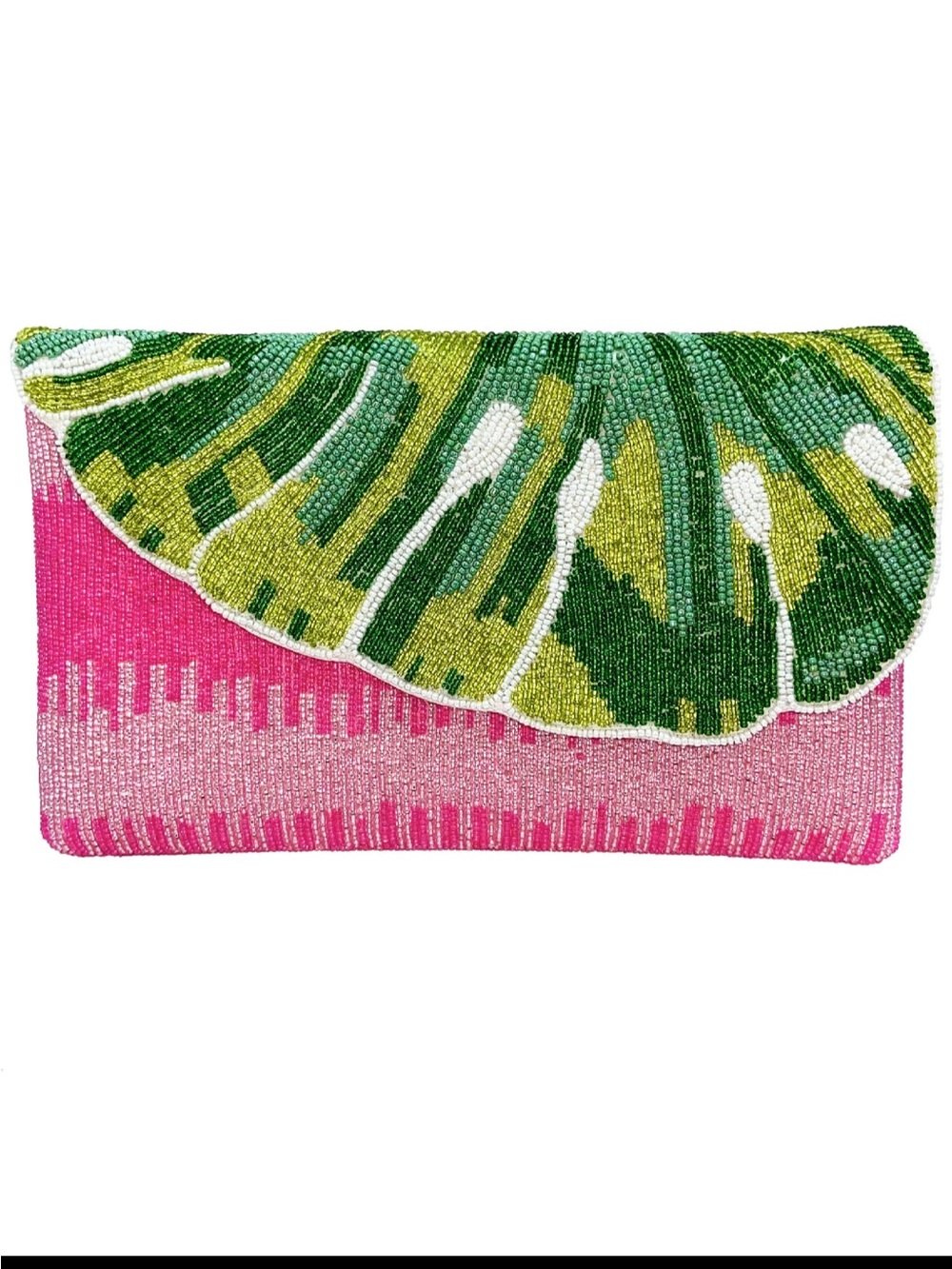 NWT Ole Monstera Leaf Handmade Beaded Crossbody Clutch | Tropical Pink & Green